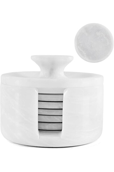 Radicaln مجموعة قواعد أكواب رخامية مع حامل 3.5 بوصة أبيض - 6 قواعد أكواب دائر...