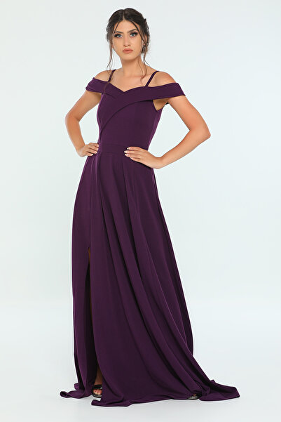 lovebox Mor Askılı Kruvaze Yaka Pileli Yırtmaç Detaylı Abiye Mezuniyet Elbisesi 078