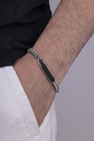 Gümüş Pazarım Black Stone Gourmet Chain Plate Model Men's Steel Bracelet