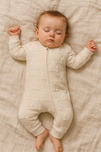 Tiffany Big Bear Ekru Ayıcık Desenli Fermuarlı Bebek Uyku Tulumu – %100 Pamuk...