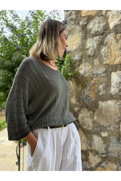 Punta Otantik LS8713 İtalyan Çizgi Desenli Triko Bluz Haki