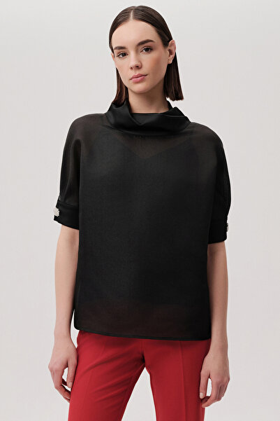 Exquise Short Sleeve Lined High Neck Flowy Collar Regular Organza Black Blouse