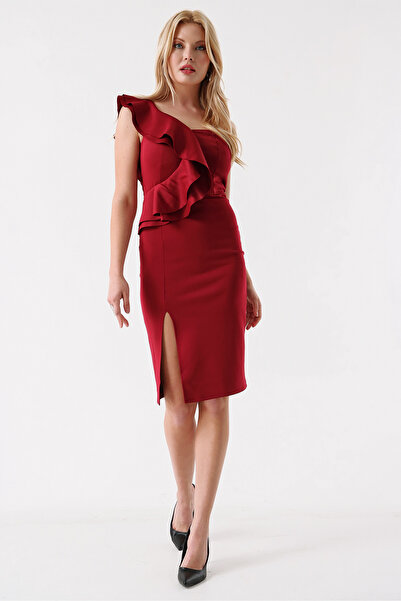 bayansepeti Flexible Fabric One Shoulder Ruffle and Slit Detailed Burgundy Evening Dress Burgundy Graduation Dress