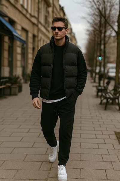 tiggirmoda سترة قابلة للنفخ وطقم علوي وسفلي من الصوف السميك بياقة دائرية وثلاث خيوط، طقم من 3 قطع