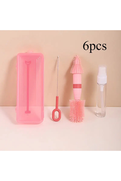 Choice Pink Travel baby bottle cleaning set, 6-piece silicone travel bottle brush set and drying rack, port