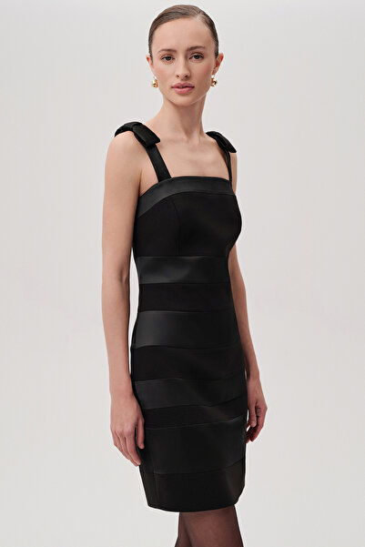 Exquise Thick Strap Slim Fit Satin Garnished Mini Black Dress