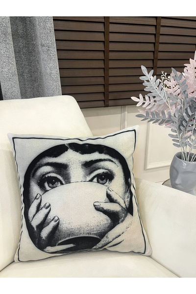 Brillant Açık Gri Fornasetti Lina Cavalieri Yüz Temalı Kırlent Kılıfı 45x45