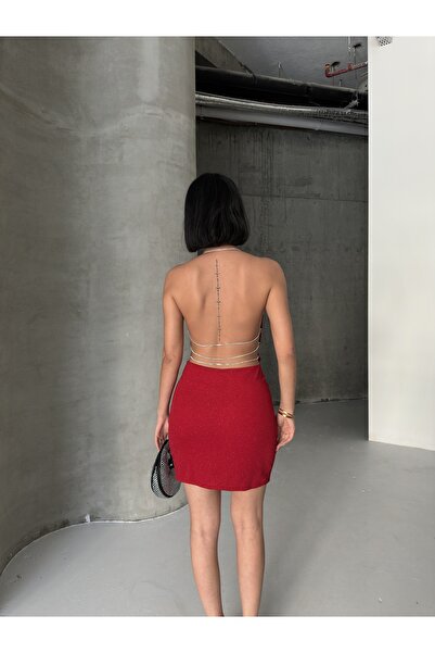 ALFUDO Moda Collection New Year's Special Low-Cut Back and Stone Chain Detailed Burgundy Dress