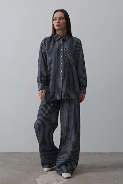 Asil Acar Home Striped Pocket Detailed Oversize Suit - Navy Blue