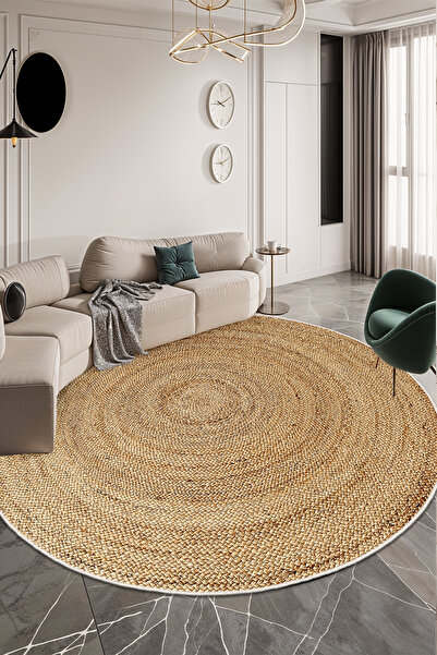 Emiroğlu Doğal Hasır Desen Kaymaz Taban Yuvarlak Salon ve Oda Halısı – Yıkanabilir, Şık ve Konforlu Tasarım