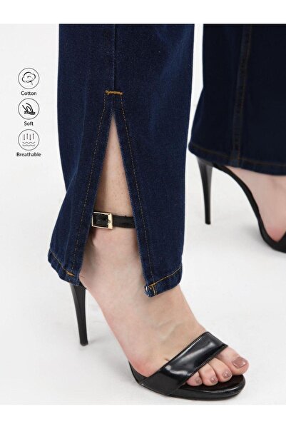 SHEVEGA Women's Navy Blue Boyfriend Pants with Side Slits and Wide Legs