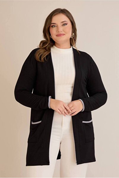 FOR ESRA BIG TREND Kadın Büyük Beden İnce Şerit Detay Çift Cep Yan Yırtmaç Esnek Viskon Hırka