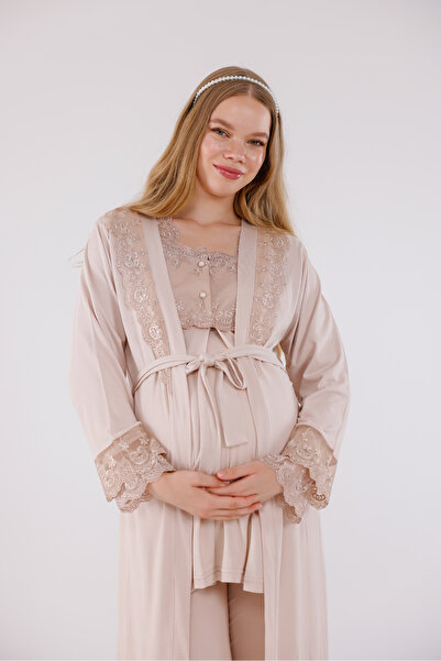 Yulem Homewear Bej Kol ve Yaka Dantelli Uzun Kol Pamuklu Tam Boy Lohusa Hamile Sabahlıklı 3'lü Pijama Takım Set