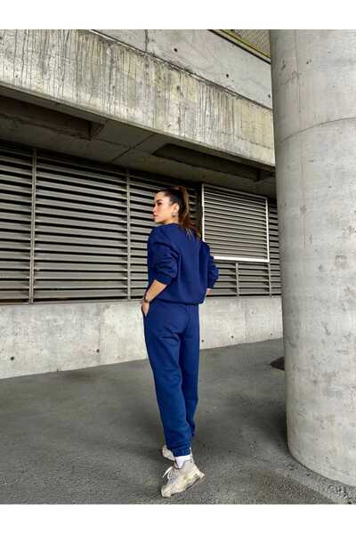 Moda Banuş Crew Neck Raised Navy Blue Tracksuit Set