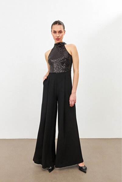 Setre Elegant Black Jumpsuit with Sequins on Chest
