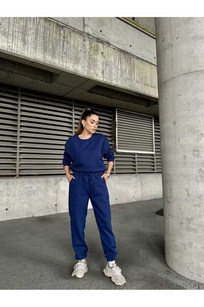 Moda Banuş Crew Neck Raised Navy Blue Tracksuit Set