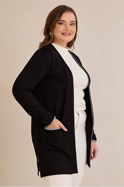 FOR ESRA BIG TREND Kadın Büyük Beden İnce Şerit Detay Çift Cep Yan Yırtmaç Esnek Viskon Hırka