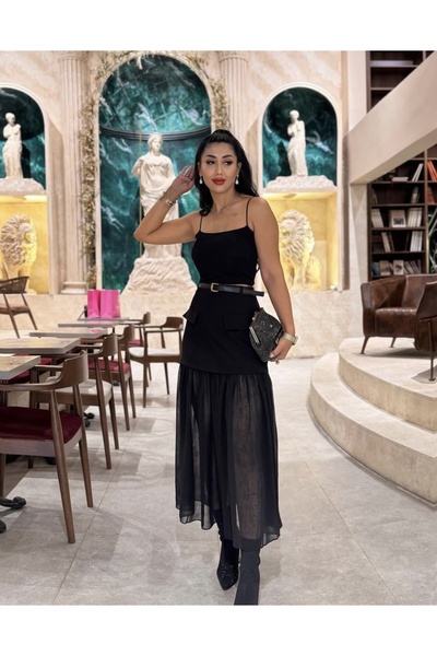 Gülşen Gök Butik Tül Garnili Kemerli Midi Etek