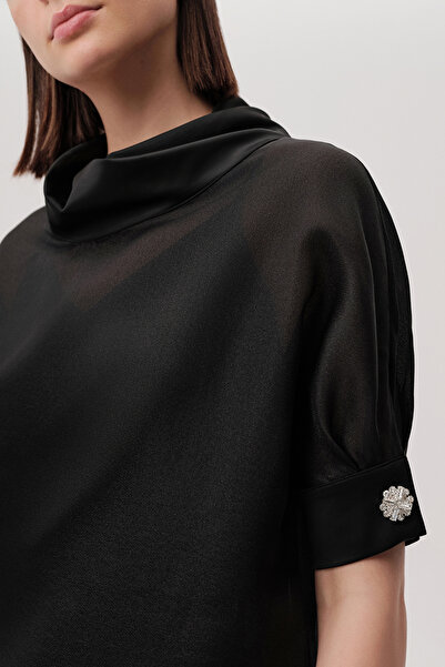 Exquise Short Sleeve Lined High Neck Flowy Collar Regular Organza Black Blouse