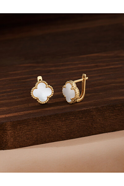 Roza Silver 925 Ayar Beyaz Taşlı Gold Yonca Gümüş Küpe