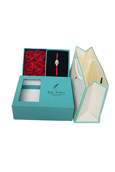 velve Cutie turcoaz cu trandafiri de sapun rosii si martisor bratara, Turquoise