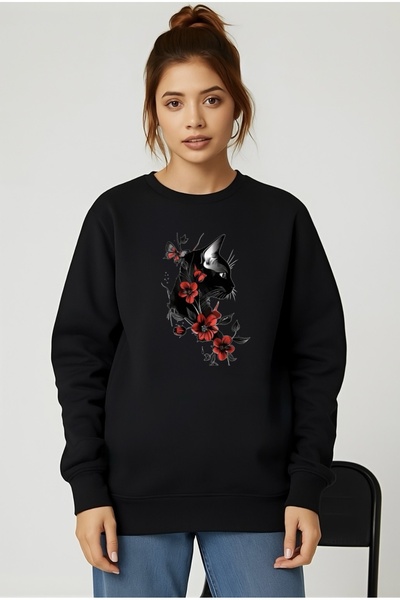 FUFLUNS Red Flower Cat Printed Oversize Unisex Women/Men Crop Neck Sweatshirt