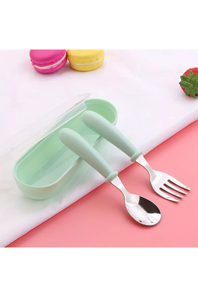 Choice green Set Of 2 Stainless Steel Children's Cutlery Spoon/fork Box Suitable For Baby Cutlery, Ideal As