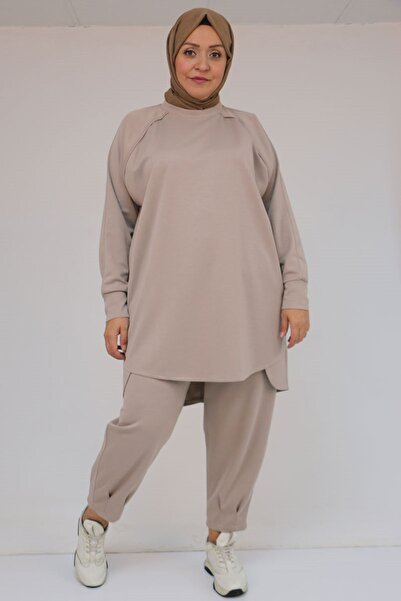 Eslina 47093 Σετ Modal με φούστα μεγάλου μεγέθους και παντελόνι με λεπτομέρεια από το κομμάτι - Βιζόν