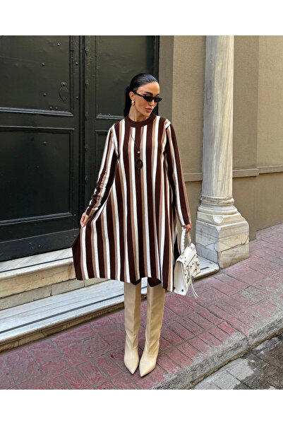 Fav Style Women's Crew Neck Long Sleeve Asymmetrical Hem Striped Loose Short Knit Dress Brown