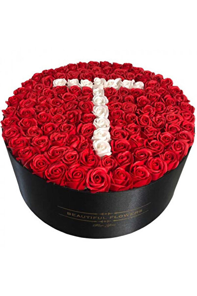 velve Aranjament floral personalizat cu litera, cutie rotunda neagra cu 125 t...