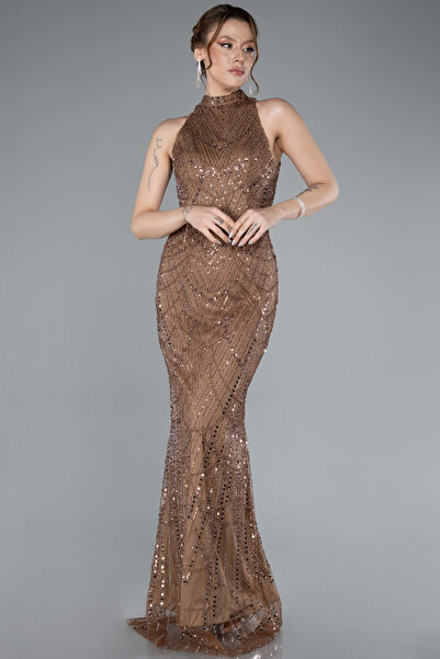 Abiyefon Bakır Halter Yaka Boncuklu Uzun Balık Abiye ABU4791