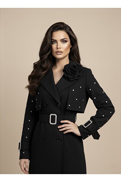 1Moda1Tarz İthal Kumaştan Taş İşleme Gül Detay İçi Leopar Desen Astarlı Bel Ve Kol Taşlı Kemer Tasarım Trençkot