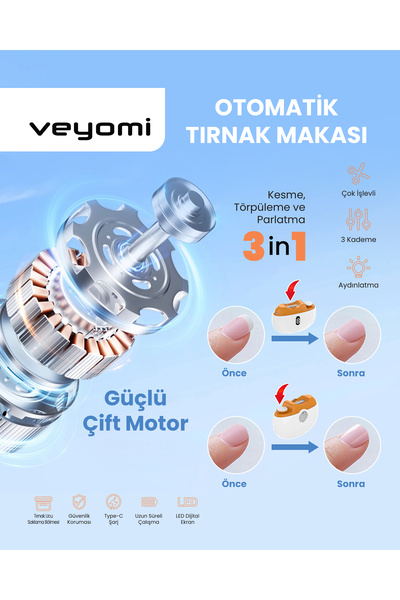 Veyomi W-201D 3 in 1 - Otomatik Şarjlı Tırnak Makası ve Manikür Cihazı Elektrikli Tırnak Makası