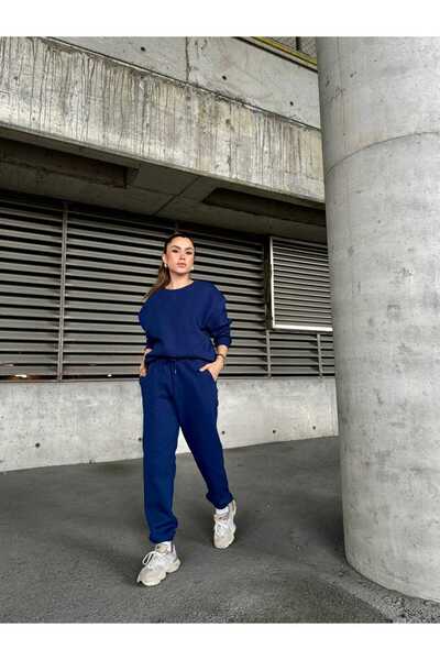 Moda Banuş Crew Neck Raised Navy Blue Tracksuit Set