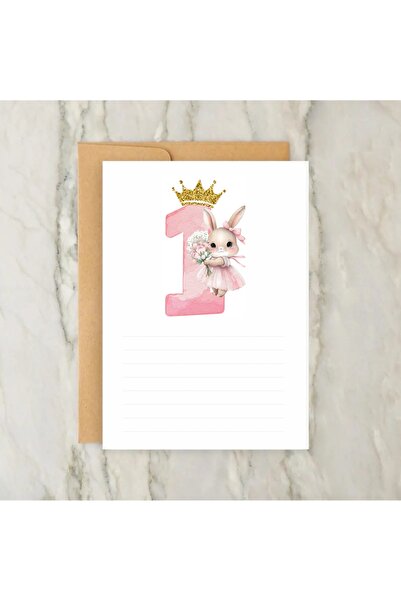Hsn Doğum günü Anı Kartları 1 Yaş Kız Çocuk Zarflı 16 Adet Pembe Tavşan Desen