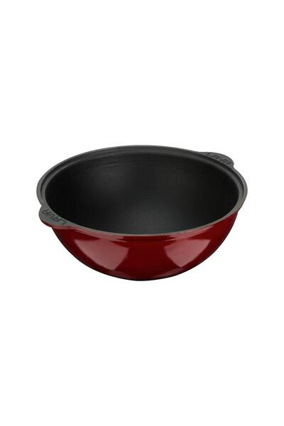 Lava Döküm Yuvarlak Özbek Kazanı / Tencere. Döküm Demir Yekpare Kulplu Çap(Ø)28cm.-Bordo