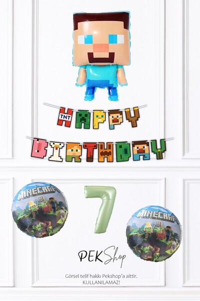 PEKSHOP 7 Yaş Minecraft Konsept Steve Balonlu Minecraft Doğum Günü Balon Seti