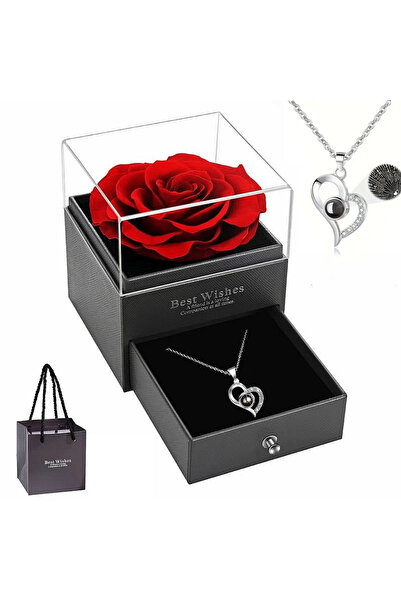 Choice مجموعة واحدة من قلادة الوردة الحمراء على شكل قلب فضية مع صندوق هدايا -...