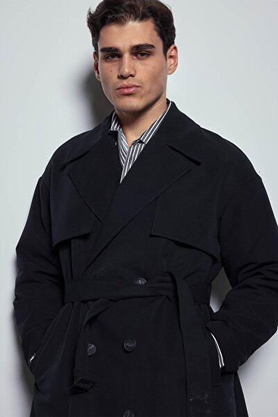ablukaonline Men's Oversize Double-Breasted Belted Trench Coat Black