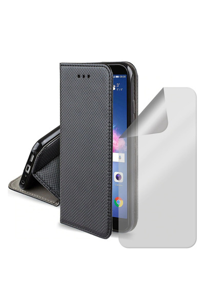 Optim Solution Set Husa Flip si Folie Silicon Clear pentru Htc 10 Lifestyle, Texture Design, Negru