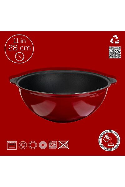 Lava Döküm Yuvarlak Özbek Kazanı / Tencere. Döküm Demir Yekpare Kulplu Çap(Ø)28cm.-Bordo