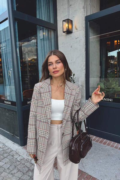 Sue Store Beige Red Plaid Lined Jacket