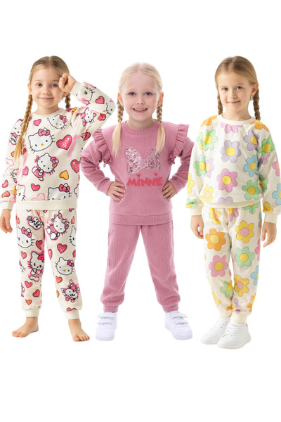 minikiss 3 Pcs Seasonal Printed Top and Bottom Girls' Two-Piece Set Comfortable and Flexible Fabric