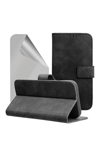 Optim Solution Set Husa Flip Vegana si Folie Sil Matte pentru Samsung Galaxy A35, Bareta, Tip Carte, Negru