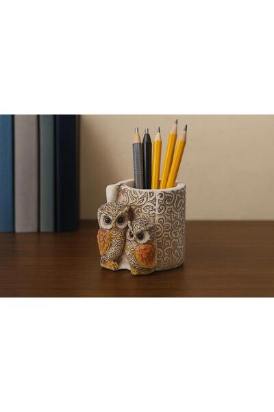 e-life shop Lüks İşlemeli Aynalı Baykuş Kalemlik Biblo Dekoratif Heykel Ev Of...