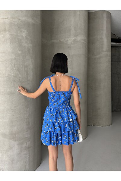 ALFUDO Moda Collection Askılı Elbise Eteği Volanlı Elbise Göğüs Destekli Mavi Mini Elbise Çiçekli Elbise Desenli Elbise