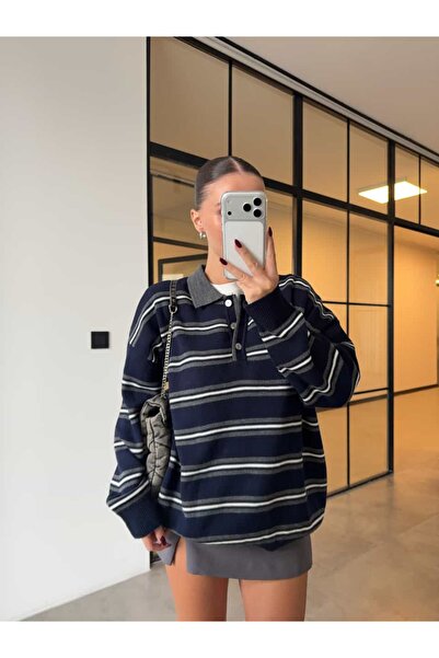 BB Bensu Buyruk POLO YAKA LACİVERT ÇİZGİLİ KAZAK