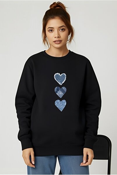 FUFLUNS سترة رياضية فضفاضة بطباعة قلب من الدنيم للجنسين بياقة دائرية