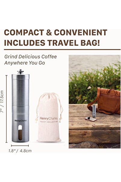 Generic مطحنة قهوة يدوية من هنري تشارلز مع حجم طحن حبوب قابل للتعديل وحقيبة سفر