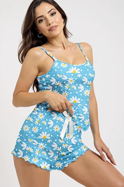 İntive Lingerie Set de pijamale cu pantaloni scurți albastri cu bretele cu im...